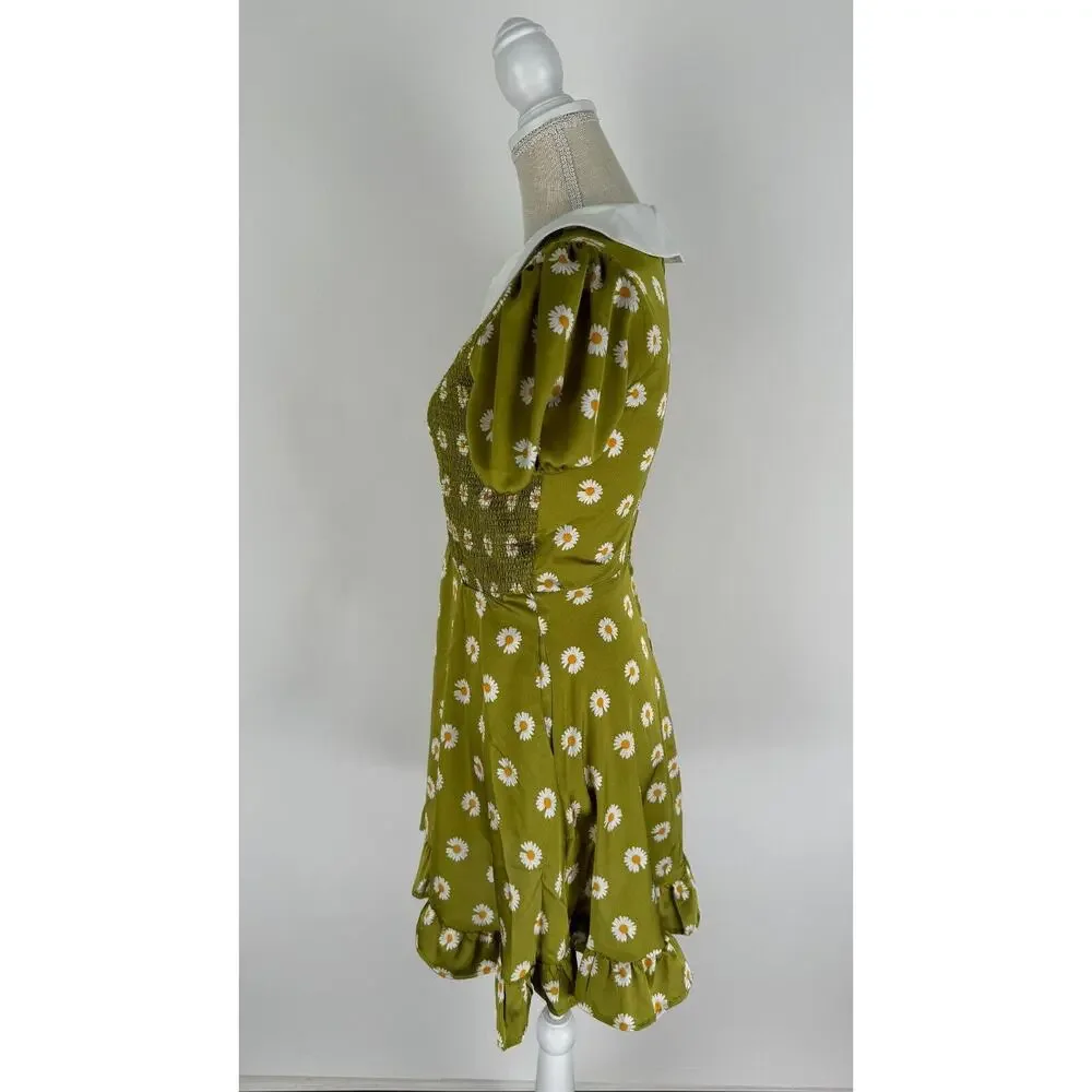 Smak Parlour Womens Green Floral Smocked Short Sleeve Flare Dress Size Medium